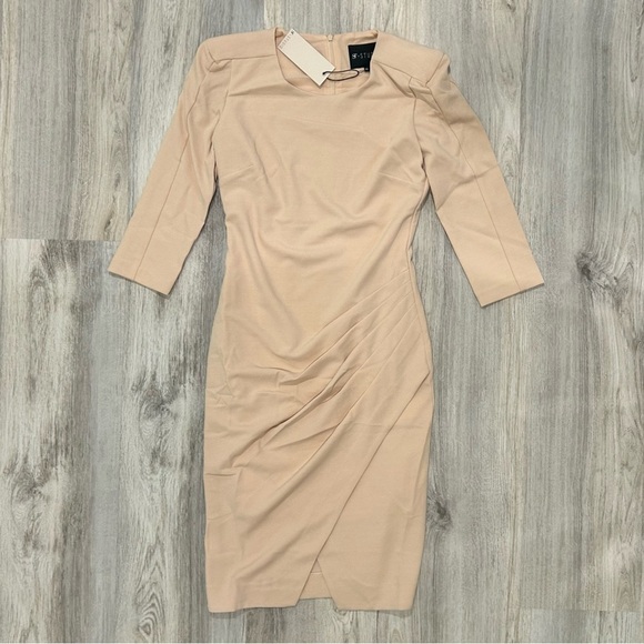 NWT STStudio Structured Jersey Dress 3/4 Sleeve Beige Pencil Knee Length Size XS - Picture 1 of 11